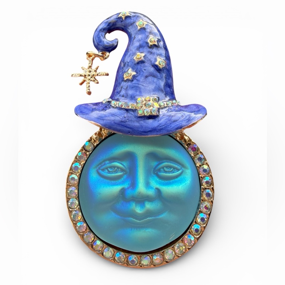 Blue Wizard Hat Moon Face Brooch